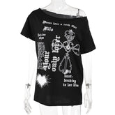 Black Gothic Print Asymmetrical T-Shirt