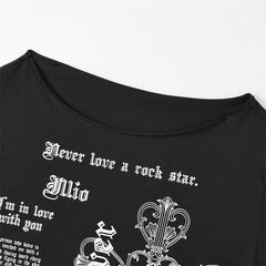 Black Gothic Print Asymmetrical T-Shirt