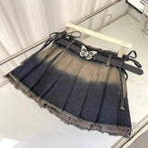 Black Gradient Washed Pleated Denim Skirt
