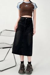 Black Grey Denim Midi Skirt Slim Fit