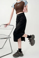 Black Grey Denim Midi Skirt Slim Fit