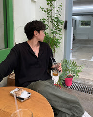 Black Half-Buttoned Long Sleeve T-Shirt