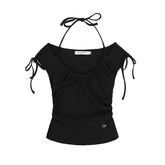 Black Halter Neck Drawstring Top