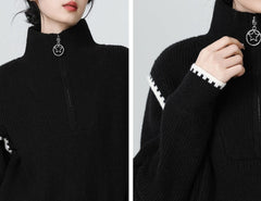 Black High Neck Halfzip Knit Sweater