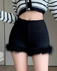 Black High-Waist Faux Fur Hem Short