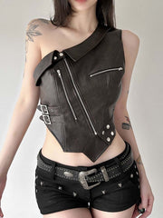 Black Irregular Faux Leather One Shoulder Crop Top