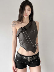 Black Irregular Faux Leather One Shoulder Crop Top