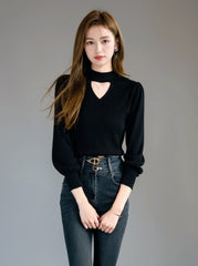 Black Knit High Neck Top Winter Chic Hollow Out Slim Fit Innerwear