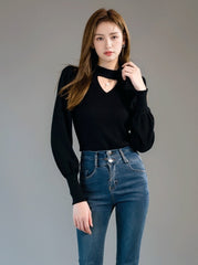 Black Knit High Neck Top Winter Chic Hollow Out Slim Fit Innerwear