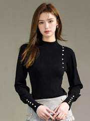 Black Knit Sweater With High Neck and Button Design