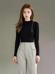 Black Knit Sweater With High Neck and Button Design