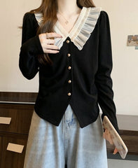 Black Lace Collar Buttons Cardigan