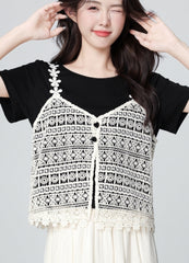 Black Lace Layered Short Sleeve Crop Top Set