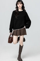 Black Lace Trim Crewneck Sweater Loose Fit Knit Top