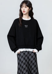 Black Lace Trim Pullover Sweatshirt With Layered Design