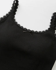 Black Lace Trim Ribbed Tank Top
