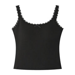 Black Lace Trim Ribbed Tank Top