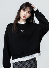 Black Lacetrimmed Fleece Sweatshirt