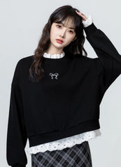 Black Lacetrimmed Fleece Sweatshirt