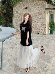 Black Letter Print Casual Skirt And Top Set