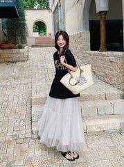 Black Letter Print Casual Skirt And Top Set