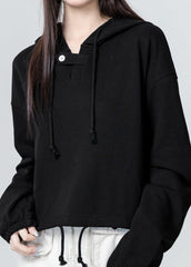 Black Loose Drawstring Hoodie Top