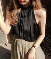 Black Loose Halter Silk Top