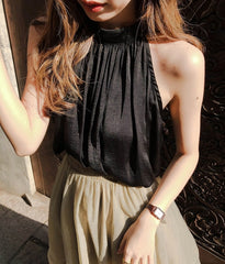 Black Loose Halter Silk Top