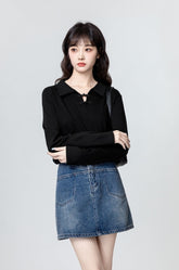Black Mandarin Collar Long Sleeve Polo Shirt
