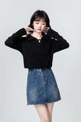Black Mandarin Collar Long Sleeve Polo Shirt