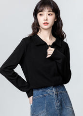 Black Mandarin Collar Long Sleeve Polo Shirt