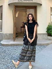 Black Mesh Patchwork T Shirt Skirt Set