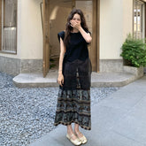 Black Mesh Patchwork T Shirt Skirt Set