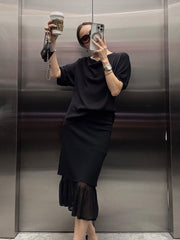 Black Mesh Ruffles Pencil Skirt