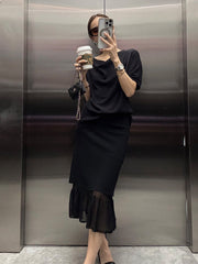 Black Mesh Ruffles Pencil Skirt