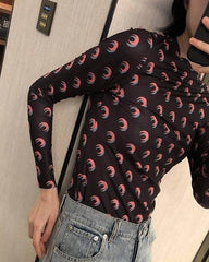 Black Moon Print Long Sleeves Top
