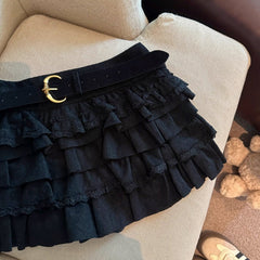 Black Multi-Layer Ruffles Mini Skirt