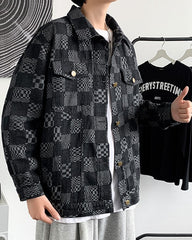 Black Multi-Patterned Checkered Denim Jacket