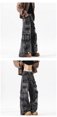 Black Multi-Pockets Wide Leg Jeans