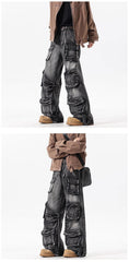 Black Multi-Pockets Wide Leg Jeans