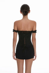 Black Off-Shoulder Buttoned Corset Top