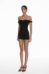 Black Off-Shoulder Buttoned Corset Top