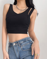 Black Overlapping Two-Piece Illusion Crop Top