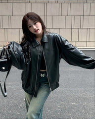 Black Oversized Collared Leather Jacket