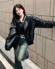 Black Oversized Collared Leather Jacket