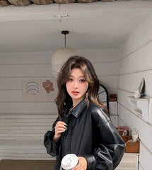 Black Oversized Faux Leather Zip-Up Jacket