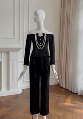 Black Pearl Chain Vintage Off-Shoulder Top