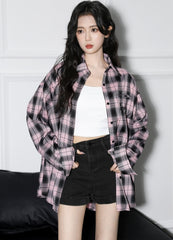Black Pink Plaid Long Sleeve Shirt Jacket