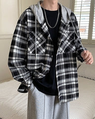 Black Plaid Two-Pieces Illusion Hooded Jacket