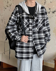 Black Plaid Two-Pieces Illusion Hooded Jacket